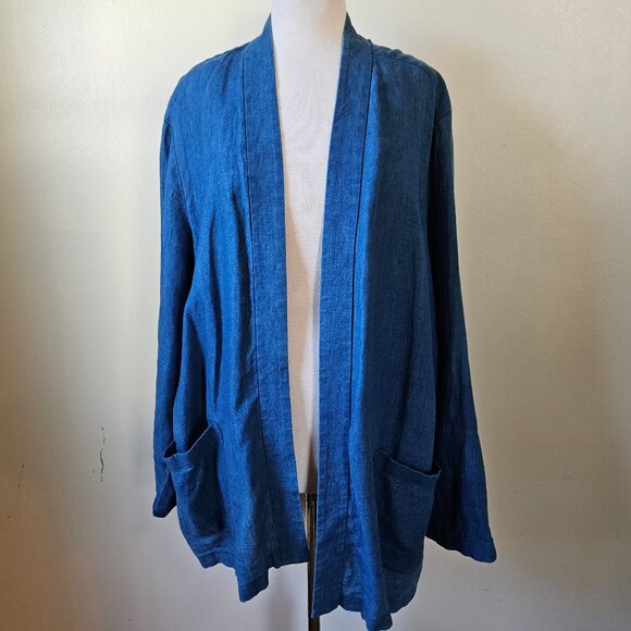 J. Jill Pure Indigo Dyed Blue Linen Cardigan Kimono Open Front Jacket 4X Plus - Picture 1 of 6